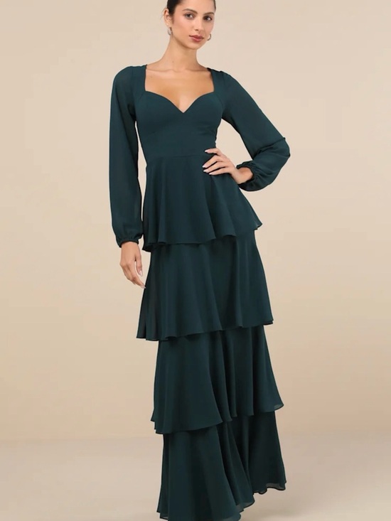 Lulus Dresses & Skirts - Flawless Excellence Emerald Tiered Long Sleeve Maxi Dress